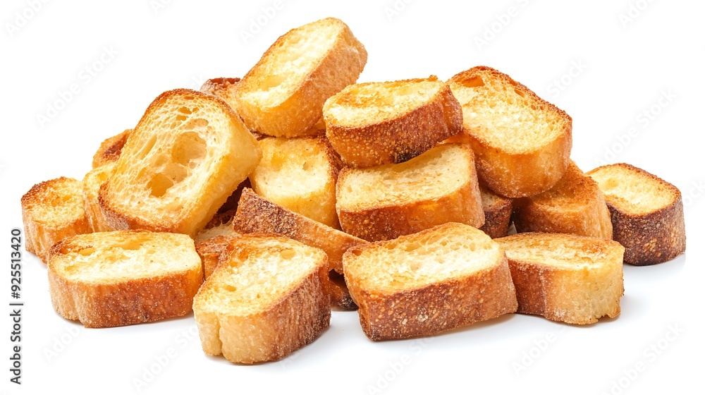 A pile of toasted bread slices, isolated on a white background. A pile of toasted bread slices, isolated on a white background.