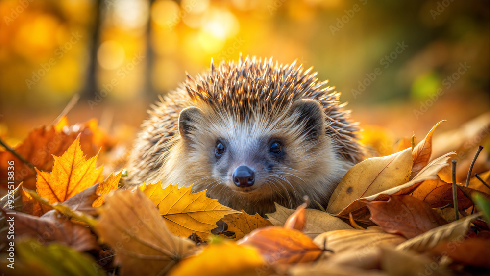Fototapeta premium Photorealistic close-up of a hedgehog nestled among fallen leaves, warm autumn light, detailed spines and soft fur, peaceful and cozy forest floor setting, focus on natural habitat