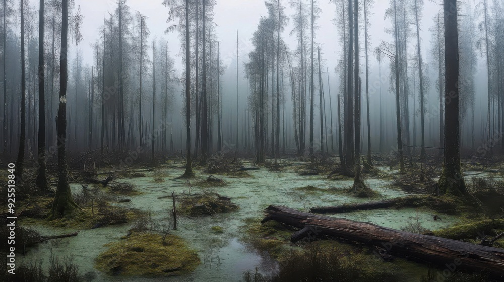 Obraz premium A foggy forest swamp with tall trees, fallen logs, and mossy terrain.
