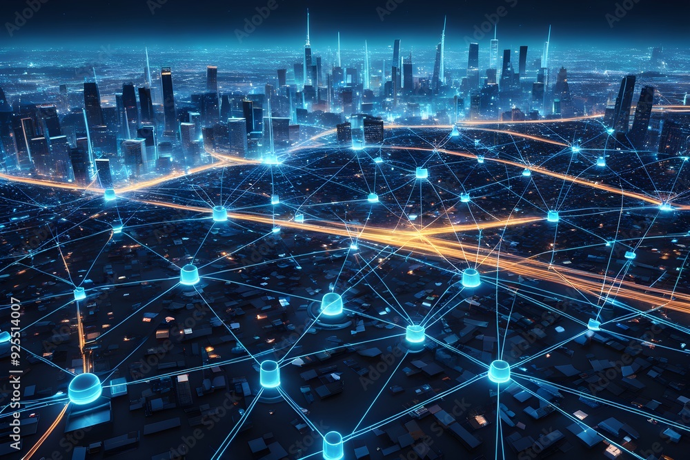 Fototapeta premium A cityscape with a network of lights and a city skyline