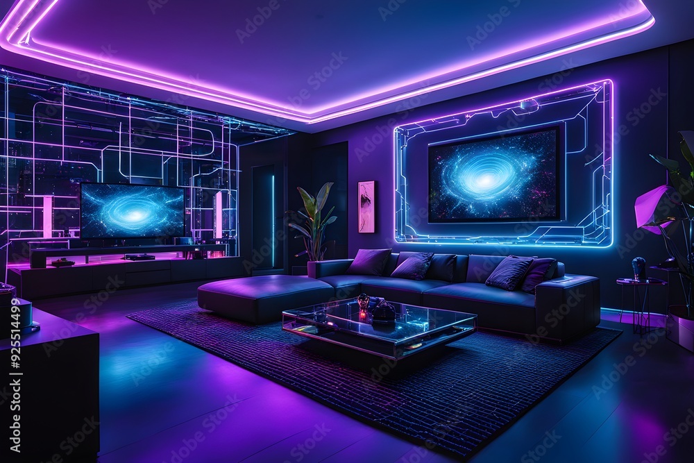 A living room with a black couch and a black coffee table A living room with a black couch and a black coffee table