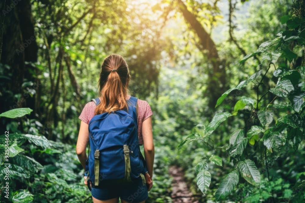 A woman with a blue backpack hikes through a dense, sunlit forest, surrounded by rich green foliage. A woman with a blue backpack hikes through a dense, sunlit forest, surrounded by rich green foliage.