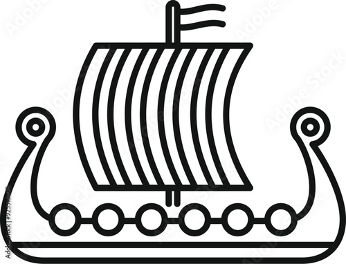Line art icon of a drakkar viking ship sailing on the sea with full sails
