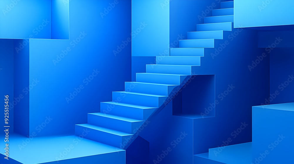 Blue staircase in a minimalist room with geometric shapes. Blue staircase in a minimalist room with geometric shapes.
