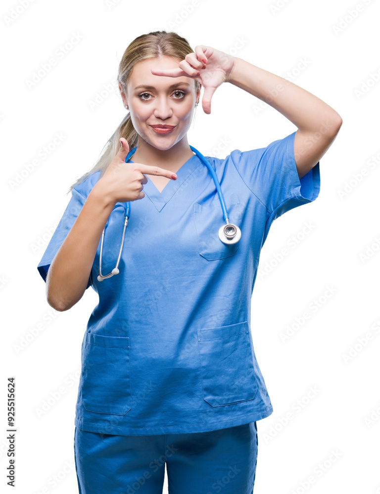 Young blonde surgeon doctor woman over isolated background smiling making frame with hands and fingers with happy face. Creativity and photography concept. Young blonde surgeon doctor woman over isolated background smiling making frame with hands and fingers with happy face. Creativity and photography concept.