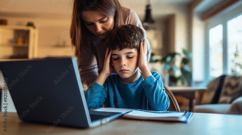 A boy is sitting at the table and doing homework with a laptop. A boy is sitting at the table and doing homework with a laptop.