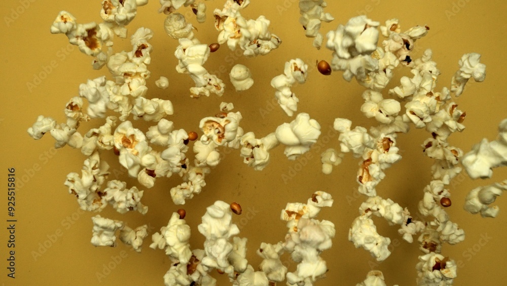 Slow motion shot of popcorn was throwing with yellow background. Fresh movie popcorn moving and falling. Popcorn in motion falling in a captivating dance. Dynamic movement and energy. Comestible. Slow motion shot of popcorn was throwing with yellow background. Fresh movie popcorn moving and falling. Popcorn in motion falling in a captivating dance. Dynamic movement and energy. Comestible.