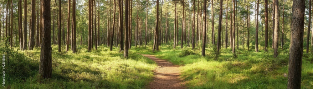 A tranquil forest path surrounded by tall trees and lush greenery, bathed in gentle sunlight. A tranquil forest path surrounded by tall trees and lush greenery, bathed in gentle sunlight.