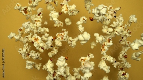 Quadro su tela Slow motion shot of popcorn was throwing with yellow background