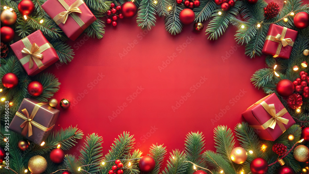 Christmas background with fir tree branches, red balls, gift boxes and lights on red background Christmas background with fir tree branches, red balls, gift boxes and lights on red background