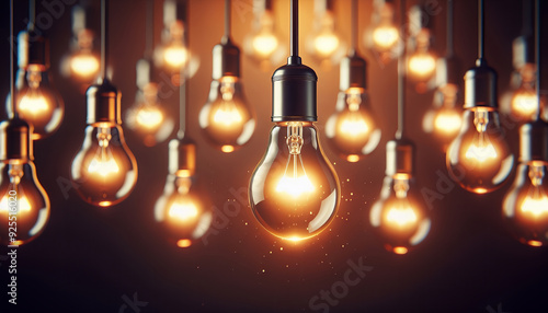 A single light bulb, sharply in focus, stands out among a group of dim bulbs, symbolizing a bright idea or unique insight.