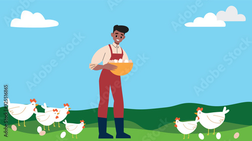 Man collecting eggs amidst chickens on a sunny farm day, exemplifying sustainable poultry farming.

