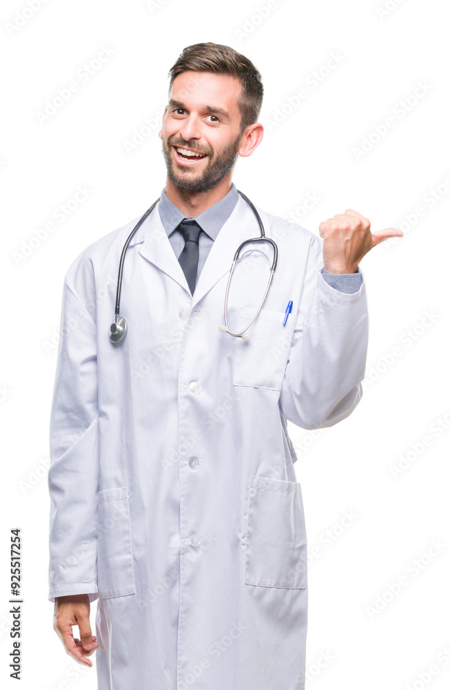 Young handsome doctor man over isolated background smiling with happy face looking and pointing to the side with thumb up. Young handsome doctor man over isolated background smiling with happy face looking and pointing to the side with thumb up.