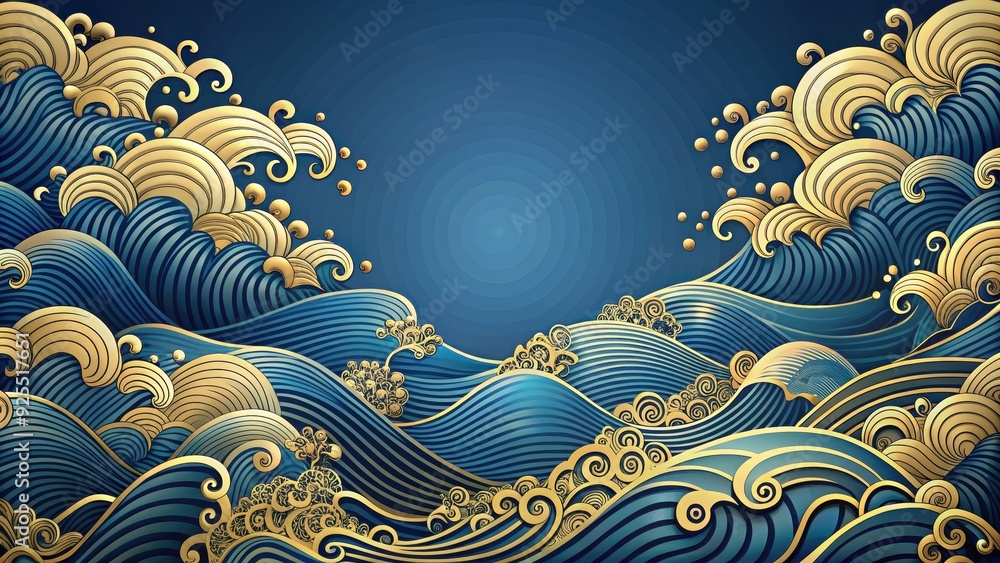 Luxurious Japanese wave design in blue and gold colors, Luxury, Japanese, wave,design, blue, gold, pattern, elegant Luxurious Japanese wave design in blue and gold colors, Luxury, Japanese, wave,design, blue, gold, pattern, elegant