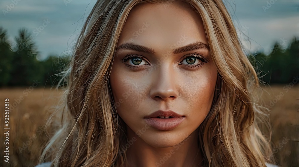 Beautiful Woman With Striking Green Eyes Stands in a Golden Field During Sunset Beautiful Woman With Striking Green Eyes Stands in a Golden Field During Sunset