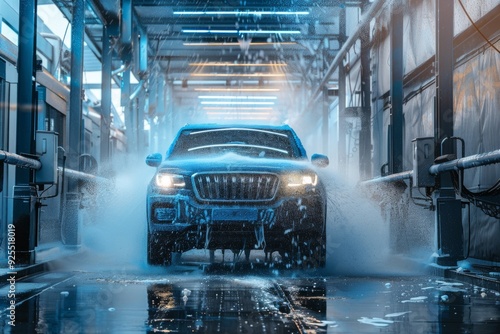 washing blue SUV car at automatic car wash photo