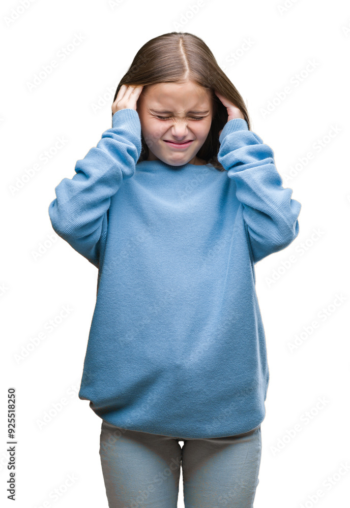 Young beautiful girl wearing winter sweater over isolated background with hand on head for pain in head because stress. Suffering migraine. Young beautiful girl wearing winter sweater over isolated background with hand on head for pain in head because stress. Suffering migraine.