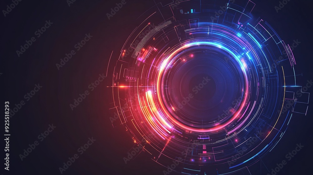 Colorful digital abstract design with circular patterns and glowing lines on a dark background Colorful digital abstract design with circular patterns and glowing lines on a dark background