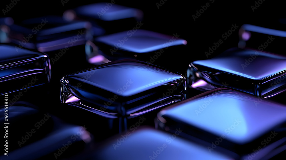Closeup of shiny, dark blue, square blocks reflecting purple light. Closeup of shiny, dark blue, square blocks reflecting purple light.