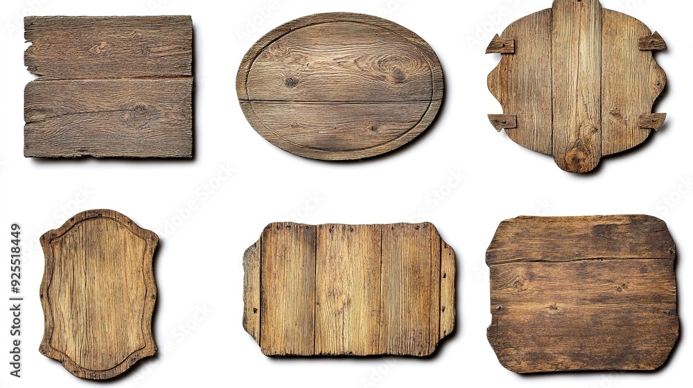 Naklejka premium Various wooden signs and plaques arranged on a white background showcasing different shapes and sizes