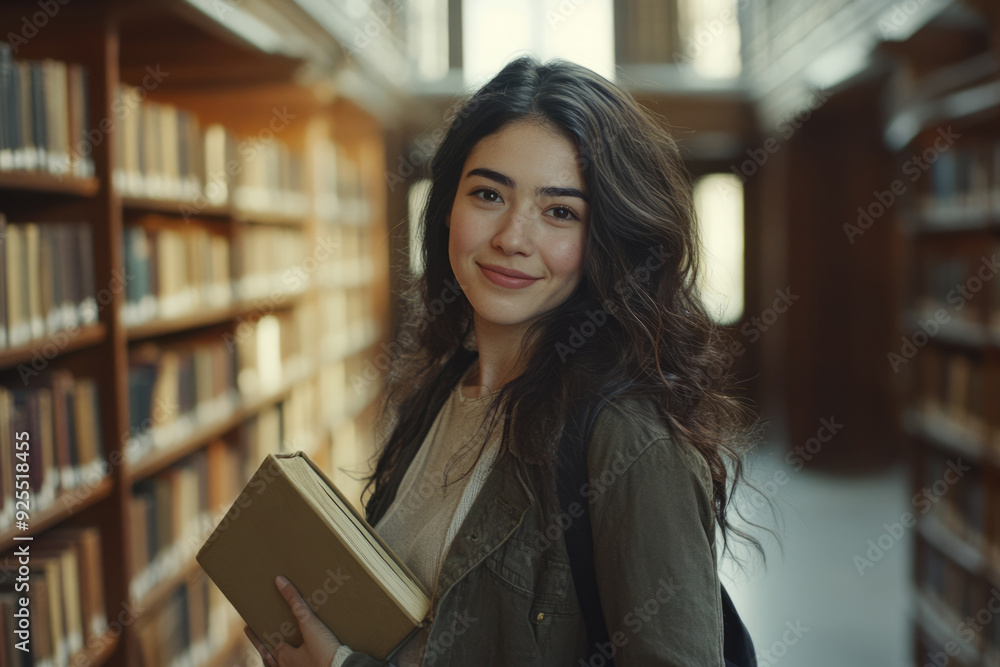 Young woman smiling in a library, holding a book. Young woman smiling in a library, holding a book.