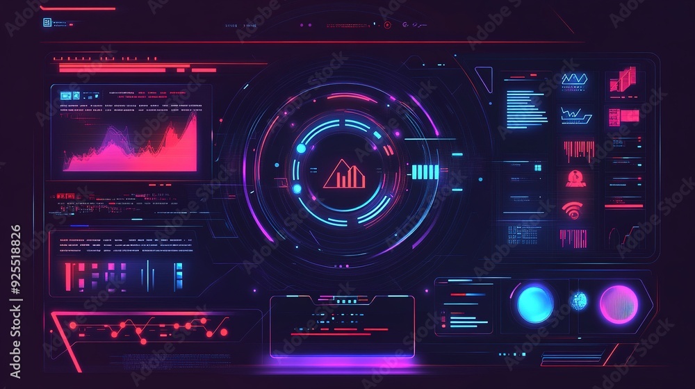 Futuristic digital dashboard displaying data analytics and visualizations in vibrant neon colors Futuristic digital dashboard displaying data analytics and visualizations in vibrant neon colors