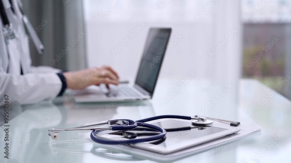 Tablet computer and blue stethoscope are on the glass table while doctor woman is using laptop computer on the glass table. Medicine concept Tablet computer and blue stethoscope are on the glass table while doctor woman is using laptop computer on the glass table. Medicine concept