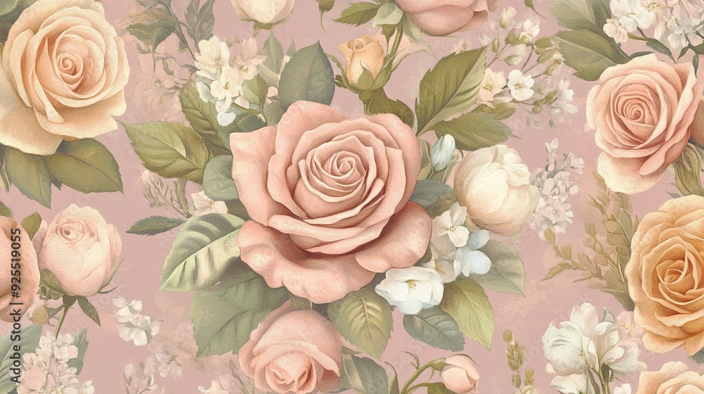 Delicate floral pattern featuring pink and cream roses with green leaves on a soft pink background Delicate floral pattern featuring pink and cream roses with green leaves on a soft pink background