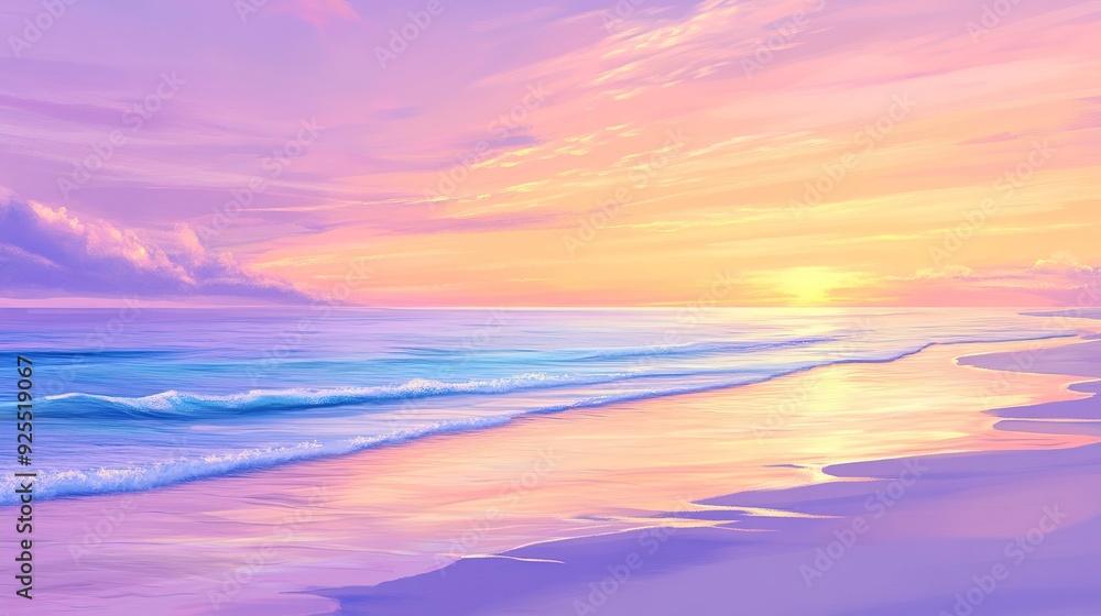 Serene sunset over a tranquil beach with gentle waves caressing the shore Serene sunset over a tranquil beach with gentle waves caressing the shore