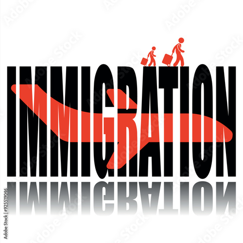 Immigration poster. Vector poster on a social theme. Word immigration on white background with reflection.