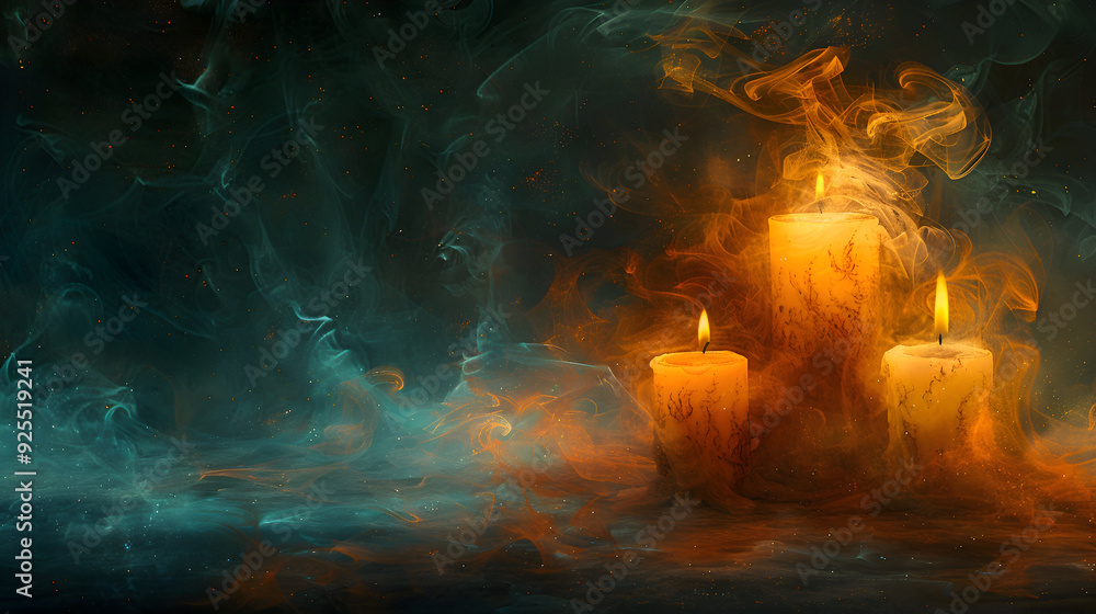 Fototapeta premium A Halloween card with abstract art featuring twisted, melting candles with ghostly flames