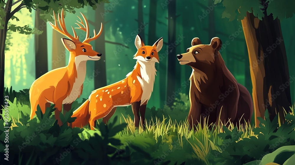 Fototapeta premium Three forest animals gather in a sunlit glade during a serene afternoon