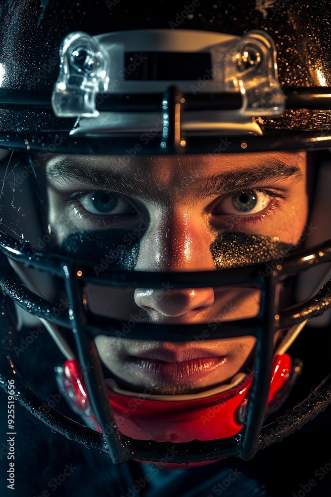 Intense Football Player in Helmet with Dramatic Lighting
Intense Football Player in Helmet with Dramatic Lighting