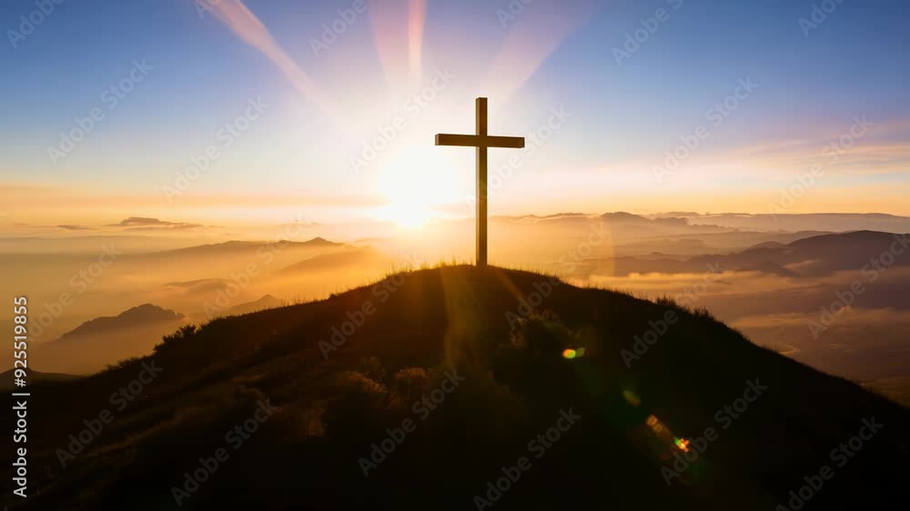 Cross on Hilltop with Majestic Sunset Glow Cross on Hilltop with Majestic Sunset Glow