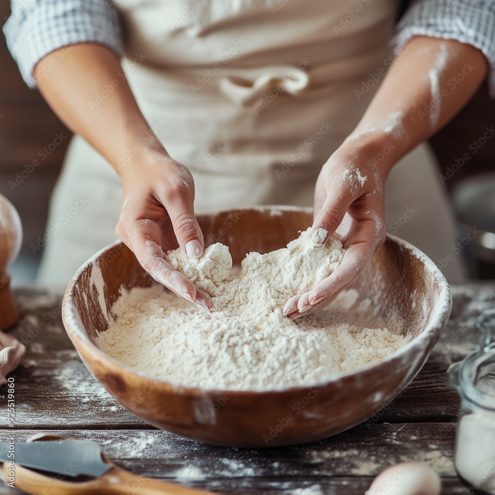 Hands Kneading Flour in Wooden Bowl
Hands Kneading Flour in Wooden Bowl