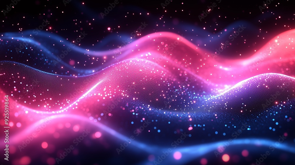 Fototapeta premium Colorful waves of light and particles create an abstract background filled with vibrant pink and blue hues