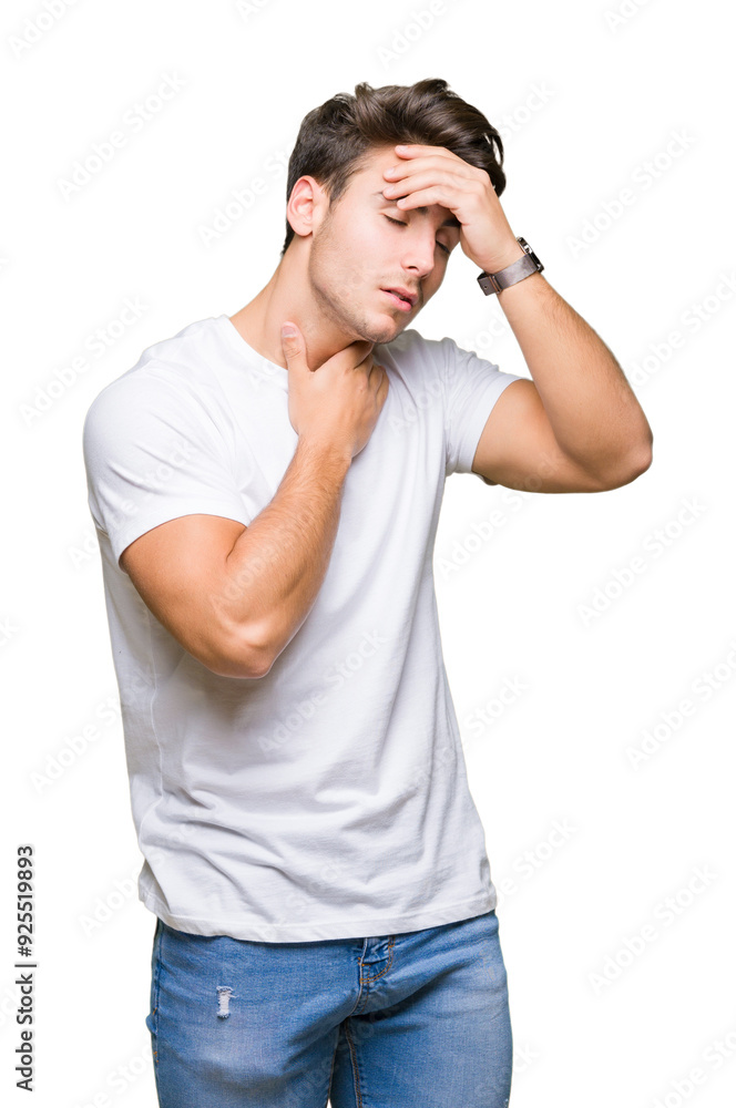 Young handsome man wearing white t-shirt over isolated background Touching forehead for illness and fever, flu and cold, virus sick Young handsome man wearing white t-shirt over isolated background Touching forehead for illness and fever, flu and cold, virus sick