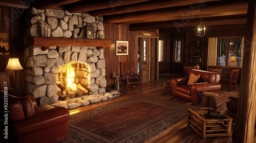 Wallpaper Mural Cozy rustic living room with a stone fireplace and wooden decor during winter Torontodigital.ca