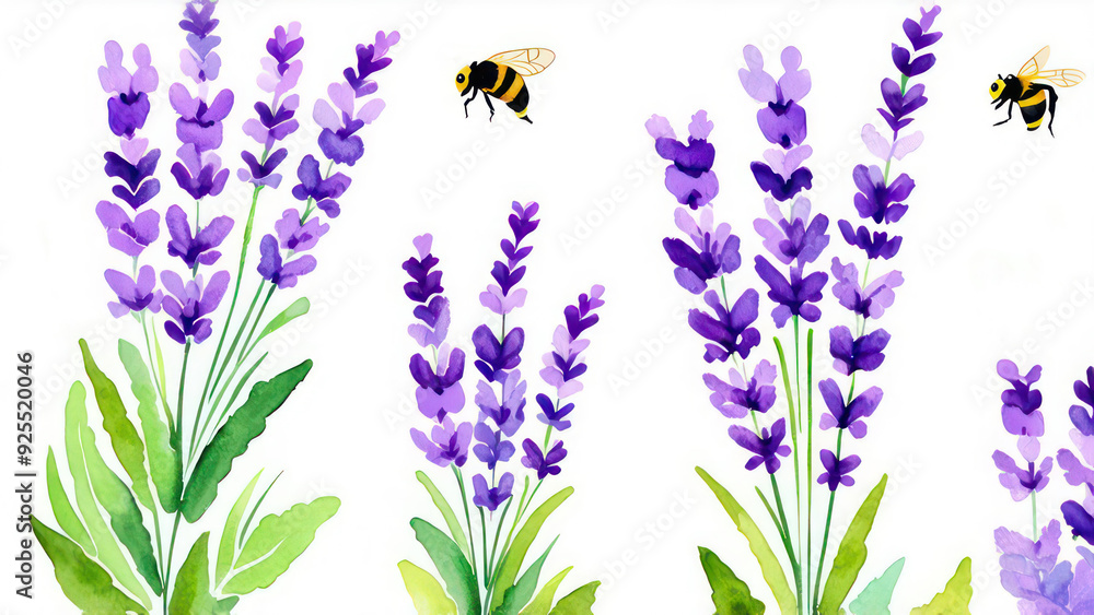 Naklejka premium Watercolor botanical illustration. Seamless banner with purple lavender wildflowers and bumblebees.