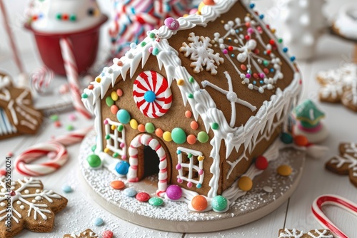 A close up of a gingerbread house decorated with colorful icing and candy, surrounded by snowflake cookies and candy canes photo