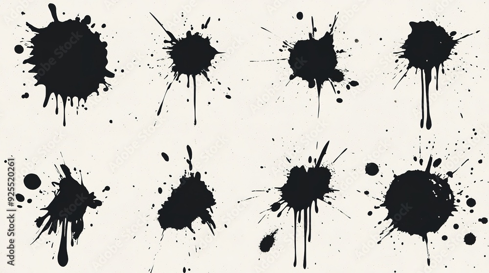 Black ink splatters on a cream background, showcasing various shapes and sizes of paint droplets scattered artistically Black ink splatters on a cream background, showcasing various shapes and sizes of paint droplets scattered artistically