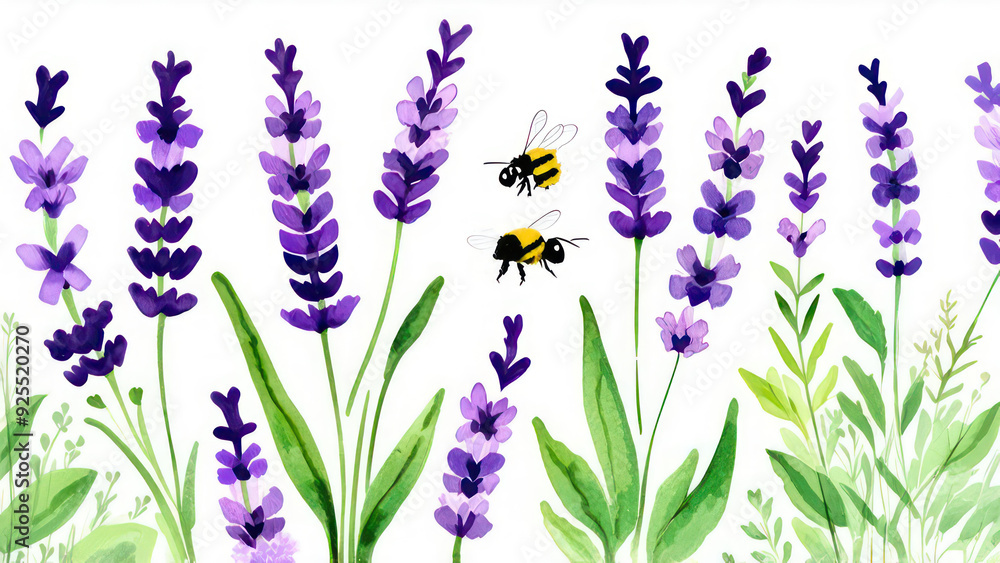 Fototapeta premium Watercolor botanical illustration. Seamless banner with purple lavender wildflowers and bumblebees.
