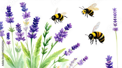 Fototapeta Naklejka Na Ścianę i Meble -  Watercolor botanical illustration. Seamless banner with purple lavender wildflowers and bumblebees.