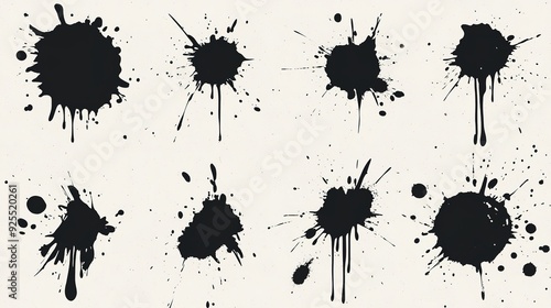 Black ink splatters on a cream background, showcasing various shapes and sizes of paint droplets scattered artistically