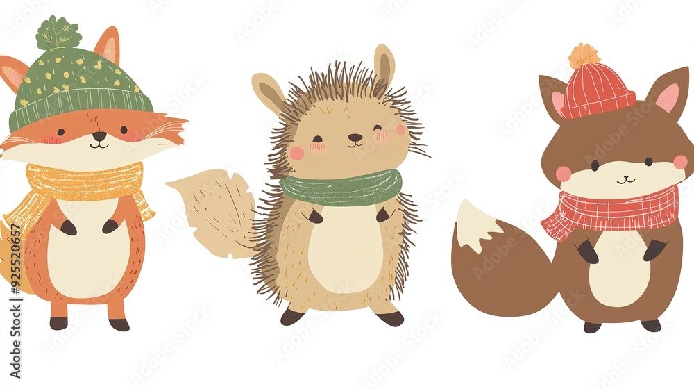 Obraz premium Three cute woodland animals dressed in winter hats and scarves, standing together against a white background