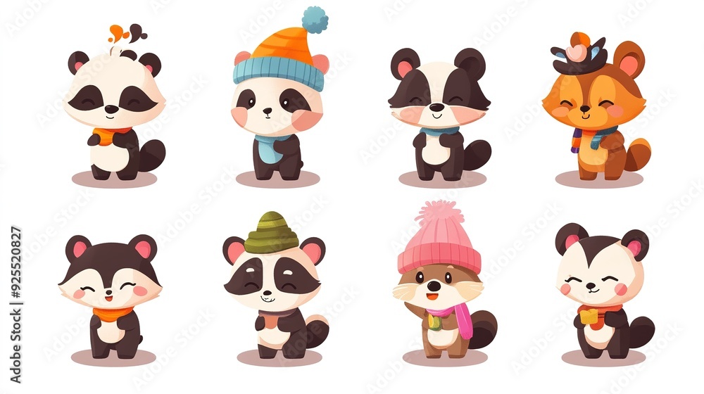 Naklejka premium Cute cartoon raccoons in winter hats and scarves posing together in a colorful, playful arrangement