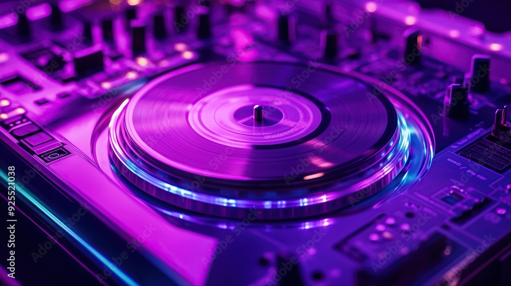 Closeup hard drive disc CD ROM. Purple neon record player. Closeup hard drive disc CD ROM. Purple neon record player.