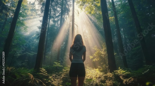 A person standing in a lush, green forest with sunrays streaming through the trees.