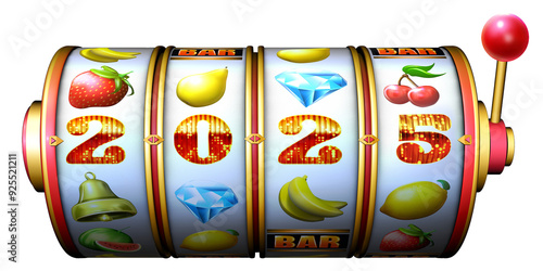 Depiction of the New Year celebration within the world of online gambling. The rotating reels of a slot machine align to reveal the number of the year 2025 lined up on the pay line. 3D illustration photo