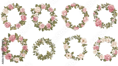 Wallpaper Mural Floral wreaths with pink roses and greenery on a white background showcasing various designs Torontodigital.ca